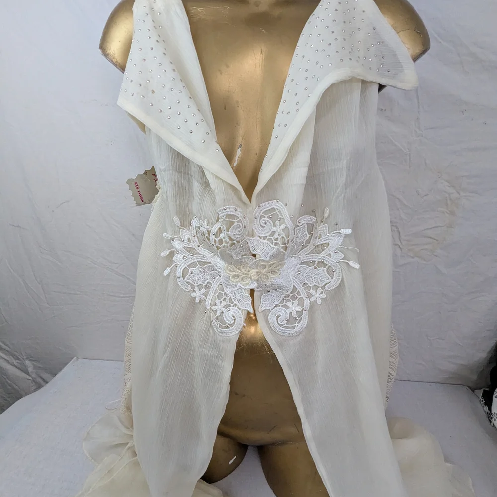 Pretty Angel Elegant Cream Sheer Duster Scarf w/Lace, Fringe & Bling Features OS